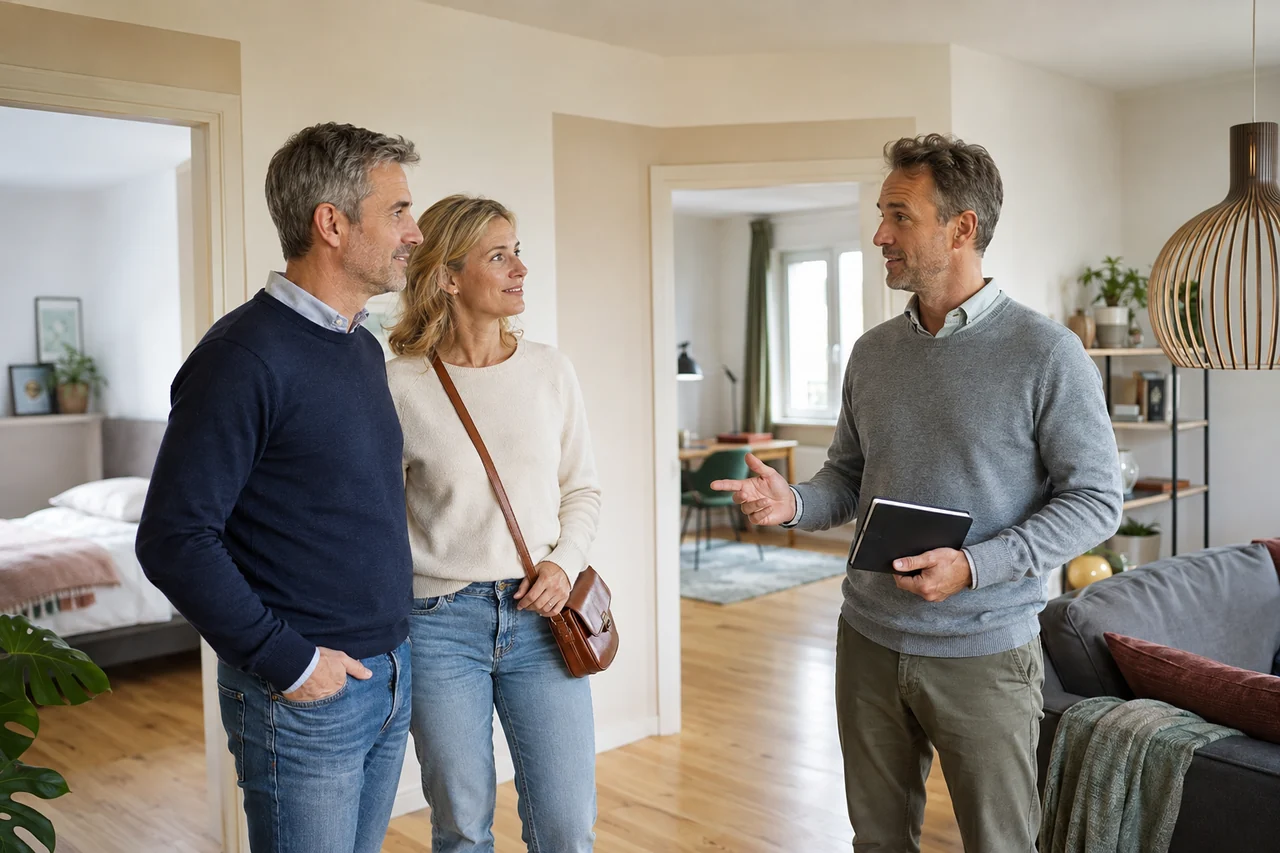Paar bei der Besichtigung einer hellen 3-Zimmer-Wohnung mit einem Immobilienberater