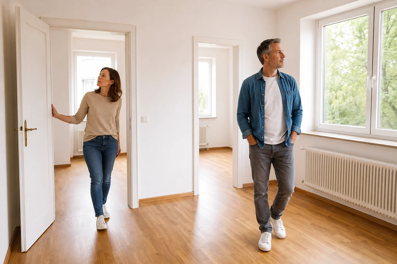 Paar betrachtet die Raumaufteilung einer hellen 3-Zimmer-Wohnung